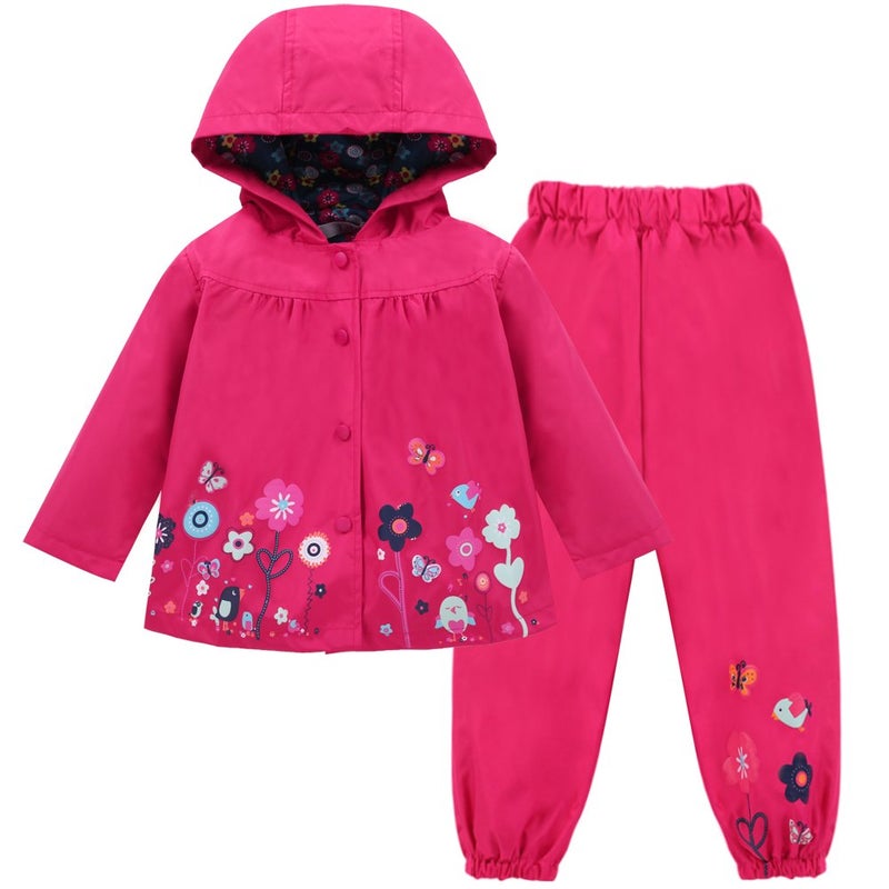 LZH Girl Baby Kid Waterproof Hooded Coat Jacket Outwear Suit Raincoat Hoodies with Pants Magenta 6(For Age 5-6Y) - Image 1